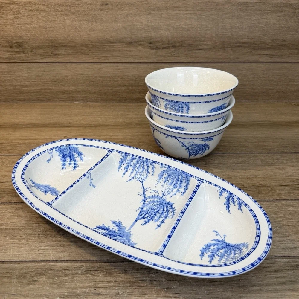 Pottery Barn Sofia Chinoiserie Blue And White Serving Platter And Bowl Set 4pc